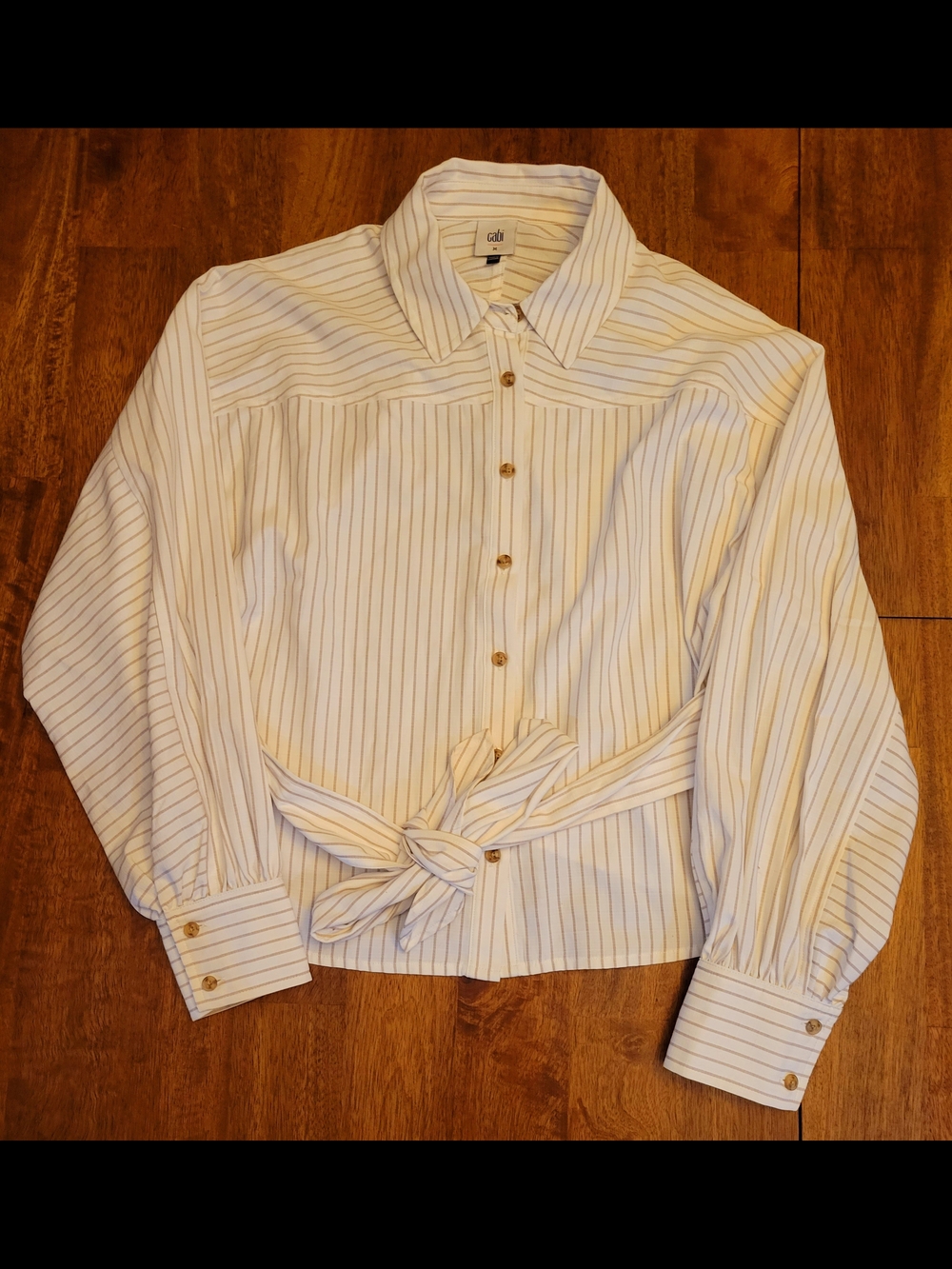 CAbi White Button-Front Shirt with Thin Navy Stripes and Tie Waist